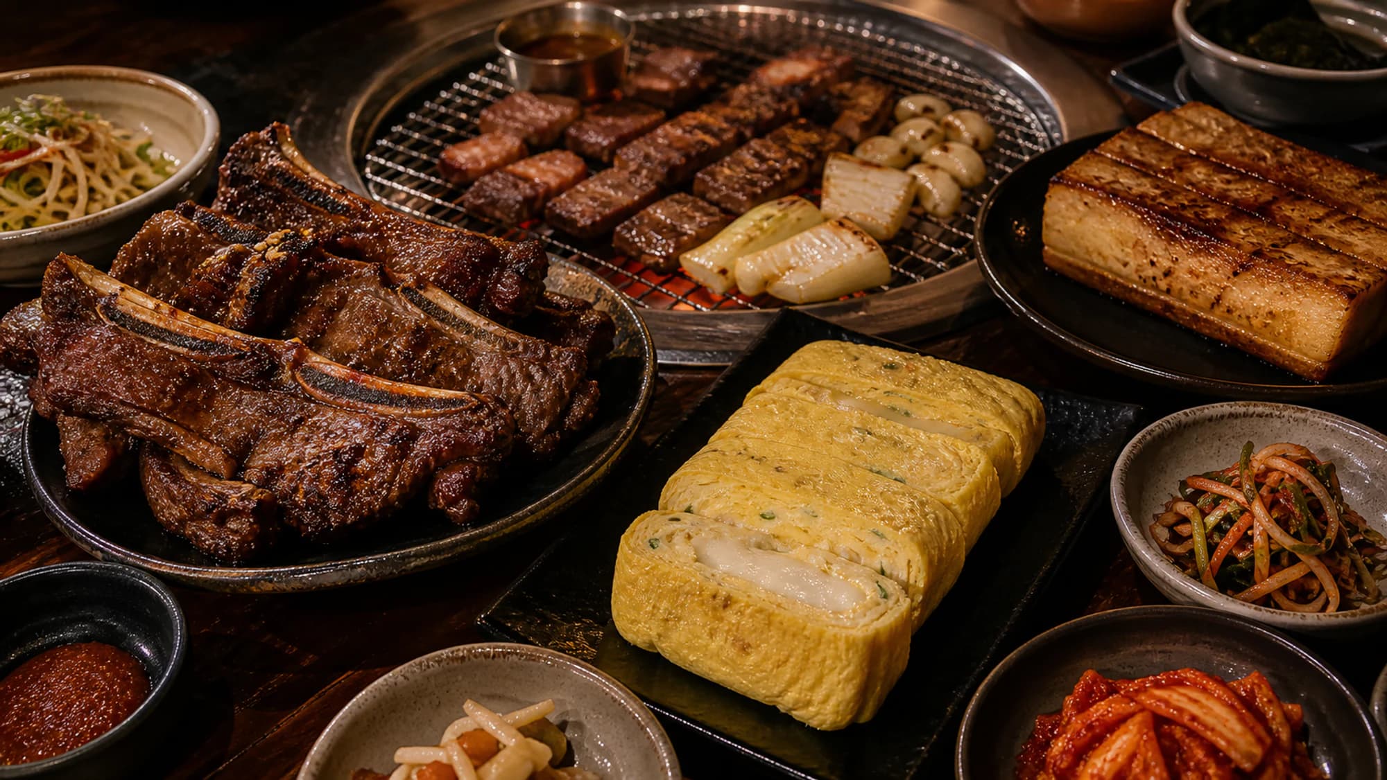 JJOKZILLA pork ribs, GYERAN CLOUD rolled cheese egg and SAMGYEOP BLOCK pork belly served as a shareable spread